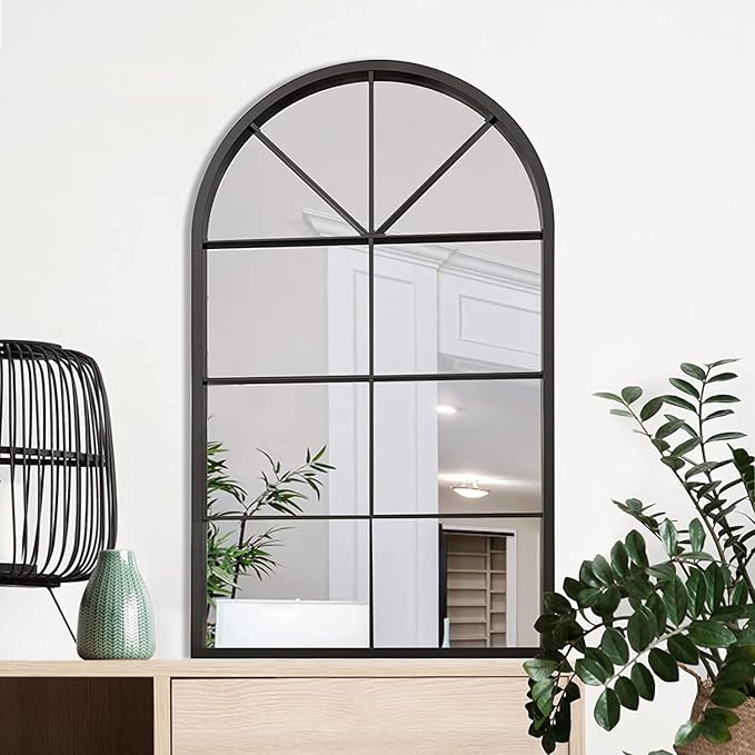 ironsmithn Arched Mirror, Windowpane Mirror, 31.5"x19.7" Window Finished Metal Mirrors, Black Grid Mirrors for Decor Living Room Fireplace Entryway Bedroom Hallway