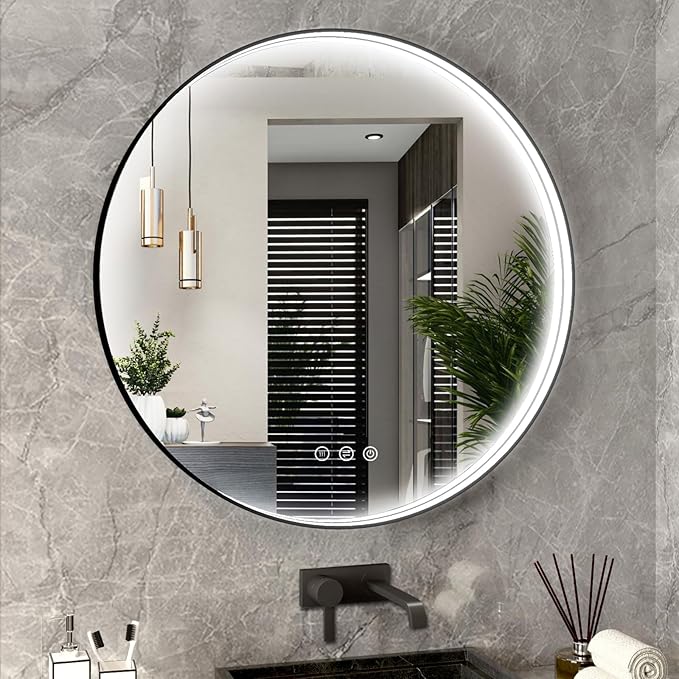 28 Inch LED Round Mirror for Bathroom, Black Metal Framed LED Bathroom Mirror with Lights, 3 Colors and Stepless Dimmable Wall Mounted Lighted Bathroom Vanity Mirror, Anti-Fog, Memory