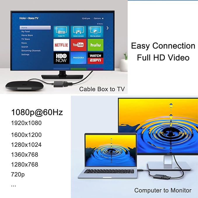 DTECH HDMI to VGA Adapter Cable for Computer Monitor PC TV 1080P HD Video (Male HDMI Input to VGA Output Female Connector)