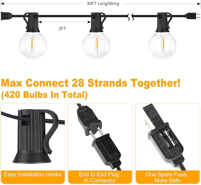 Outdoor G40 LED Globe String Lights 30Feet Dimmable Waterproof Shatterproof Patio Light with 15+2 Bulbs Connectable Commercial Hanging Lights for Christmas Patio House Backyard Balcony Party(Black)