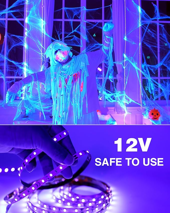 Onforu 65.6ft LED Black Light Strip, 1200 Units Lamp Beads, 12V Flexible Blacklight Fixtures, 20m LED Ribbon, Non-Waterproof Black Lights for Glow Party, Indoor Birthday Halloween Party, Body Paint