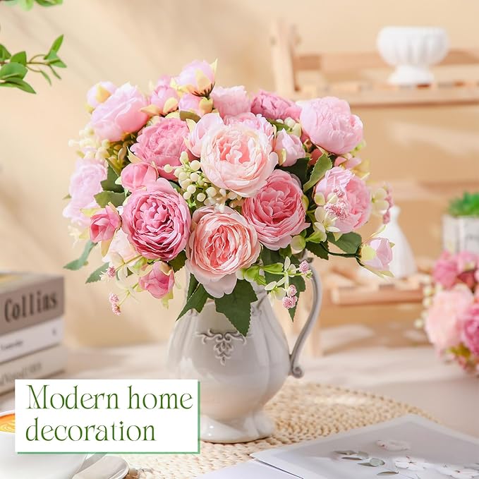 Geosar 8 Bundles Artificial Peonies Flowers Fake Silk Peony Bouquet Faux Peonies Flowers Bulk for Decoration Vase Floral Arrangements Wedding Party Table (Russet Red,Light Pink)