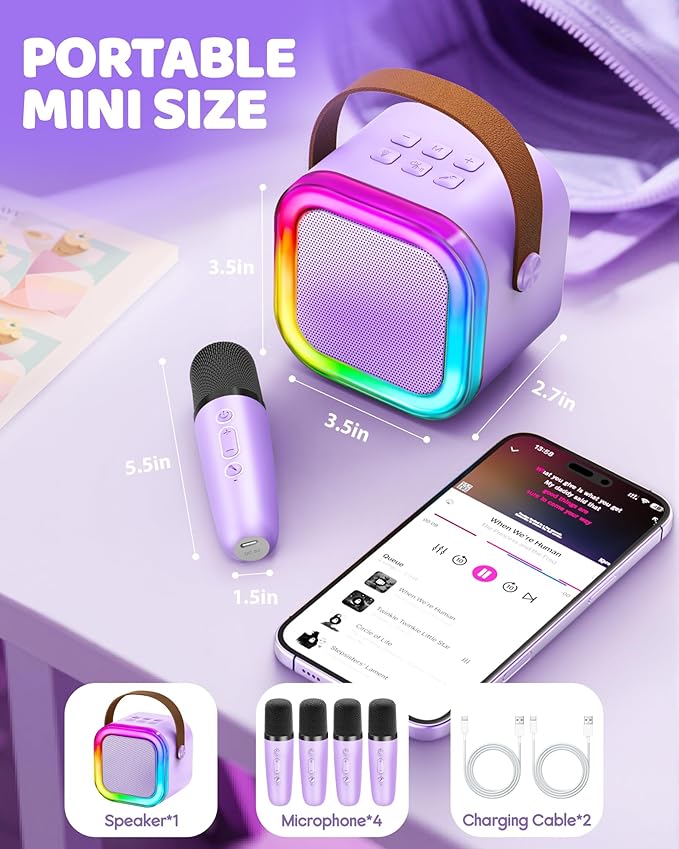 IROO Mini Karaoke Machine for Kids, 2025 TOP Toys Birthday Gifts Ideas for Girls Ages 4, 5, 6, 7, 8, 9, 10, 12+ Years Old, Portable MP3 Player with 4 Wireless Mics for Party