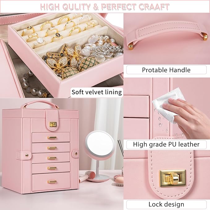 AKOZLIN Large Jewelry Box Organizer Functional with Big Mirror, Leather Jewelry Storage Case for Women Girls Ring Necklace Earring Bracelet Holder Organizer