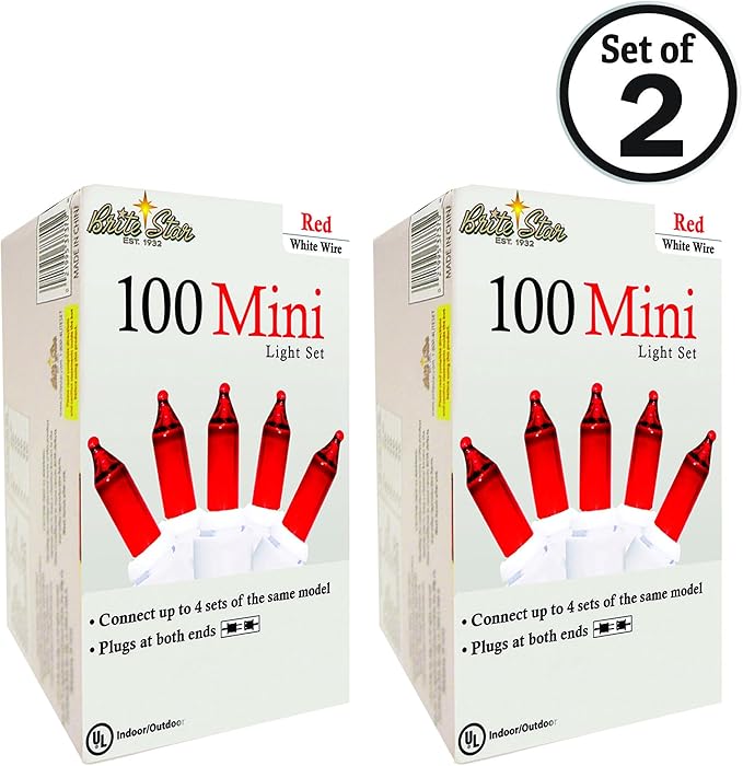 Brite Star 100 Count Mini String Christmas Lights, Red - 22 feet Indoor/Outdoor Christmas Tree Lights with White Wire (Set of 2)