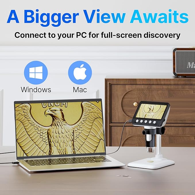 Coin Microscope for Error Coins, 4.3 inches 1080P LCD Digital Microscope, 50x-1000x Magnifier with 8 Adjustable LED Lights, PC View, Compatible with MacOS Windows for Adults Kids