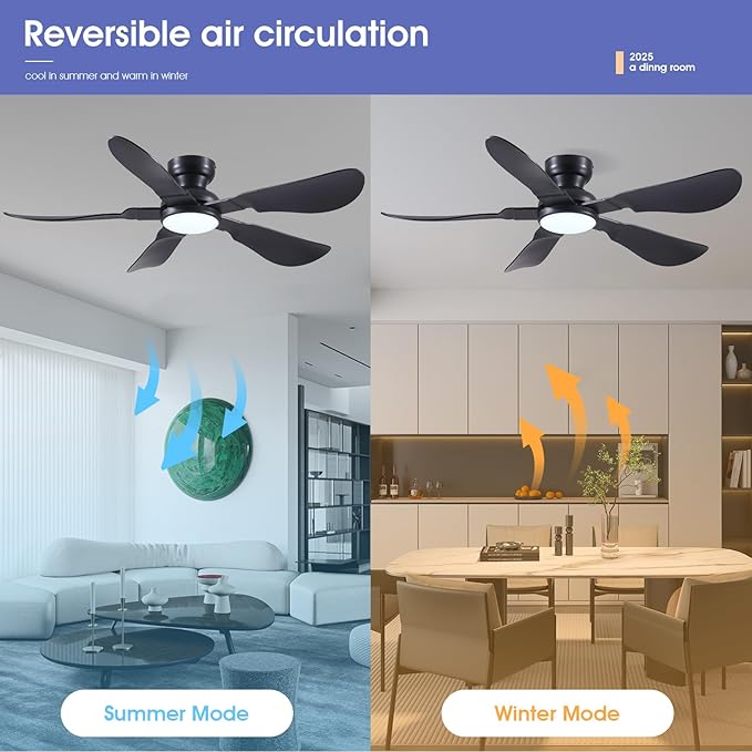 52 Inch Modern Ceiling Fans with Lights, Flush Mount Ceiling Fan with Light and Remote/APP Control, 5 Reversible 6 Speeds Curved Blades, 3 CCT Dimmable Lights for Bedroom, Black