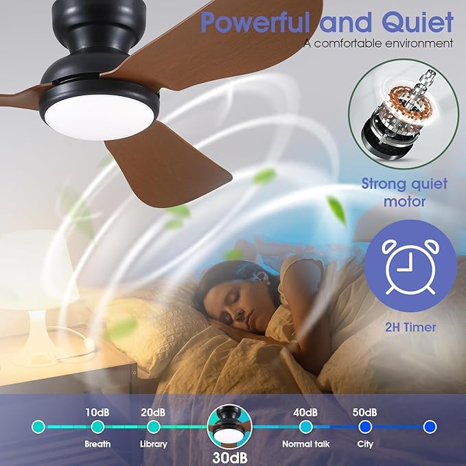 46 Inch Modern Ceiling Fans with Lights, Flush Mount Ceiling Fan with Remote/APP Control, 3 Reversible Curved Blades, 6 Speeds, 3 CCT, Dimmable LED Lights for Living Room Bedroom, Brown