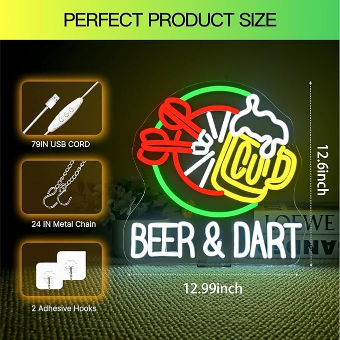 Beer & Dart Neon Sign – Fun Bar Wall Light with Dartboard and Beer Mug Design LED Decor for Game Room, Pub, or Man Cave, USB Powered, 5V/2A，Dimmable