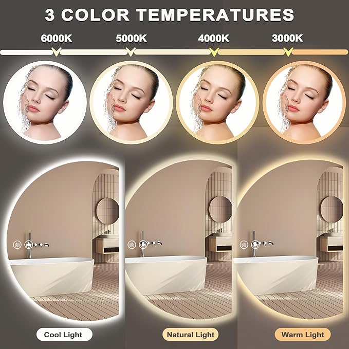 YUDACHU 40"×28" LED Mirror for Bathroom, Anti Fog Half Moon Mirrors for Wall-Irregular Modern Vanity Mirror-with Backlit, 3 Colors, Stepless Dimmable, Shatter-Proof