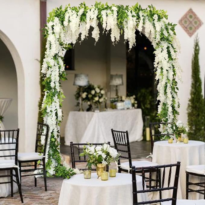 Wisteria Artificial Flowers Garland, 2Pcs Total 14.4ft Silk Faux Wisteria Vine Kit, Hanging Flower Plant for House Outdoor Garden Ceremony Outside Wedding Arch Floral Decor (2, White)