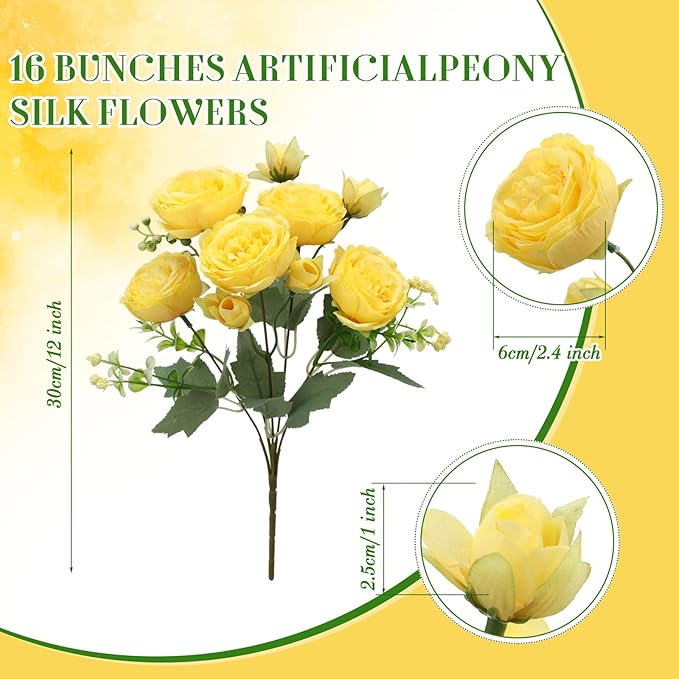 Geosar 16 Bundles Artificial Peonies Flowers Fake Silk Peony Bouquet Faux Peonies Flowers Bulk for Decoration Vase Floral Arrangements Wedding Party Table (Purple,Yellow)