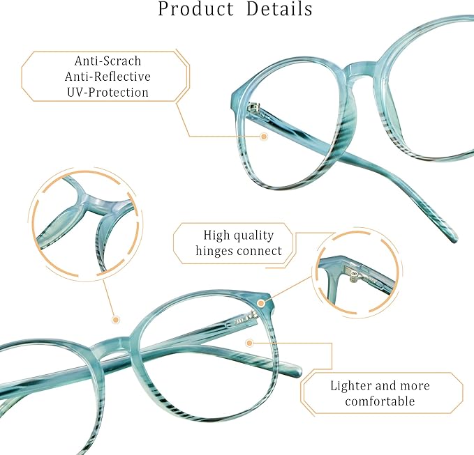 LifeArt Round Blue Light Blocking Glasses, Computer Glasses, Gaming Glasses, TV Glasses for Women Men (Striped Blue, 3.75 Magnification)