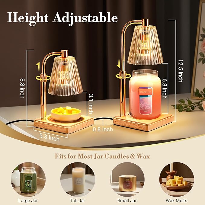 Marycele Candle Warmer Lamp with Timer for Yankee Candles, Adjustable Height Wax Melt Warmer, Birthday Gifts for Mom Women Sister, Vintage Amber Glass Lamp, Fall Decorations for Home Decor