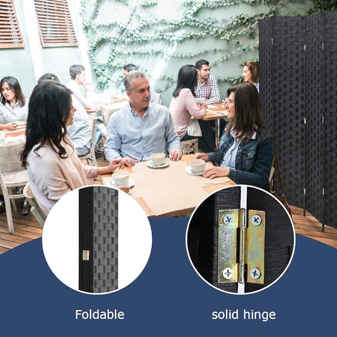 FDW Room Divider 6FT Wall Divider Wood Screen 4 Panels Wood Mesh Hand-Woven Design Room Screen Divider Indoor Folding Portable Partition Screen,Black
