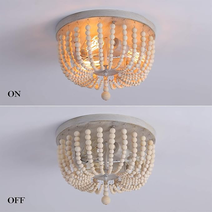 Q&S Wood Beaded Chandelier,Boho Farmhouse Light Fixture,Oak White,3 Lights,Semi Flush Mount Ceiling Light Fixtures for Hallway Baby's Nursery Bedroom Kitchen Living Room