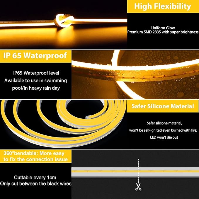 Lamomo LED Neon Lights, 16.4ft Yellow LED Strip Light, 12V 0.39In/Cut Silicone Waterproof Neon Rope Light, DIY Neon Sign for Bedroom Indoor Outdoor Decoration（Power Adapter not Included）