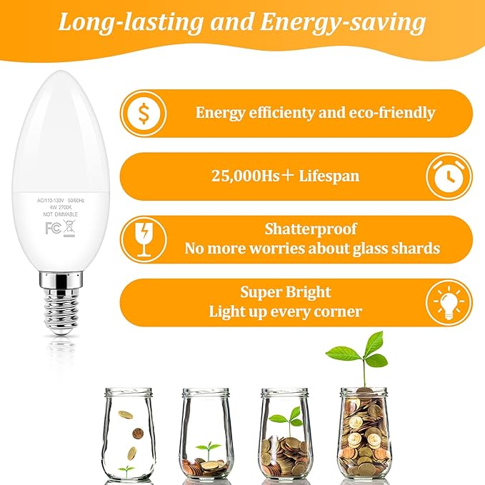 Brightever E12 LED Candelabra 40 Watt Equivalent Light Bulbs, 4W Warm White 2700K Ceiling Fan Bulbs, Chandelier Candle Lights for Wall Lanterns, Pendant Lights, Non-Dimmable, 6-Pack