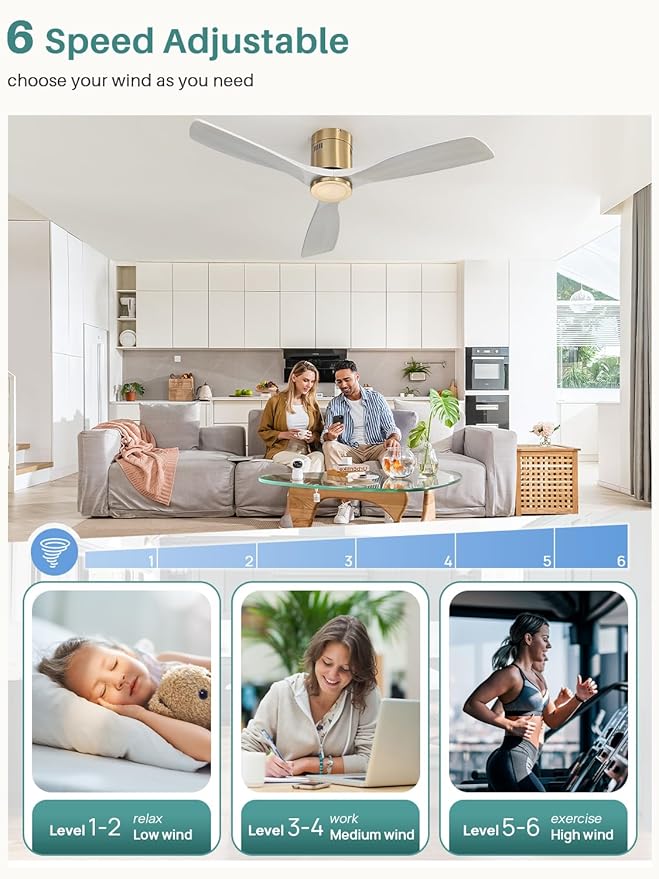 Sofucor 52 Inch Solid Wood Ceiling Fan Without Lights Flush Mount Ceiling Fans with Remote Control, Wood Blades Modern Outdoor Ceiling Fan No Light for Bedroom/Farmhouse/Patio/Indoor, Grey Gold