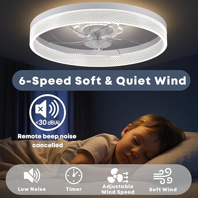 20‘’ Ceiling Fan with Light, Upgraded Low Profile Fan, Flush Mount Ceiling Fan, 6 Speeds, Dimmable LED, App & Remote Control, Quiet DC Motor, for Bedroom, Living Room, F093 White-D