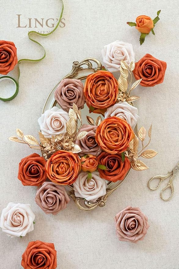 Ling's moment Artificial Flowers Fake Silk Roses Faux Foam Flower Combo for DIY Wedding Bouquets Centerpieces Arrangements Bridal Shower Party Home Decorations, Orange & Dusty Rose, 21pcs