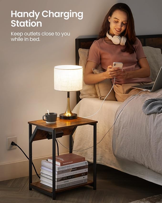 VASAGLE End Table with Charging Station, Small Side Table for Living Room, Bedroom, Nightstand with Outlets and USB Ports, Bedside Table with Storage Shelf, Rustic Brown and Black