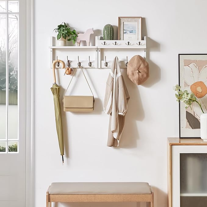 YMYNY 31.5" Coat Rack Wall Mount with Shelf, 4 in 1 Key and Coat Hanger with 12 Metal Hooks, Wall Shelf with Hooks & Mail Holder for Living Room, Bedroom, White, HWS007W-2