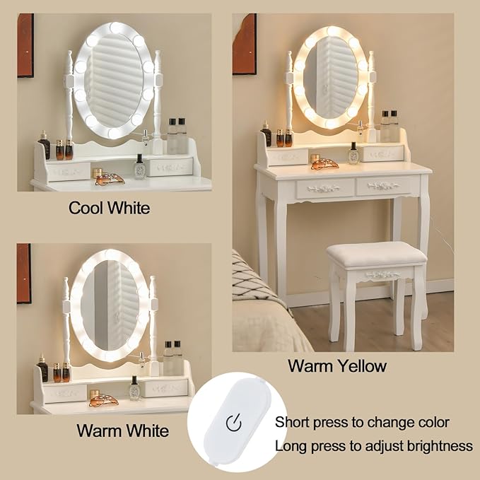 Giantex Makeup Vanity Table with 10 LED Lights, Adjustable Brightness, 3 Color Light Modes, 4 Drawers, Rotatable Mirror, Cushioned Stool, Vanity Desk Dressing Table Bedroom Furniture (White)