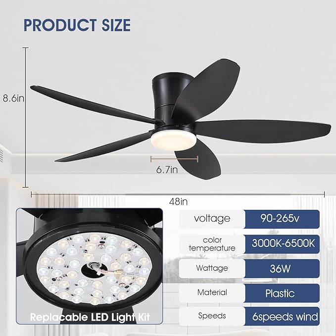 48" Ceiling Fans with Lights-Low Profile Ceiling Fan with Light and Remote/APP Control, Black Flush Mount Ceiling Fans,DC Reversible,LED Dimmable