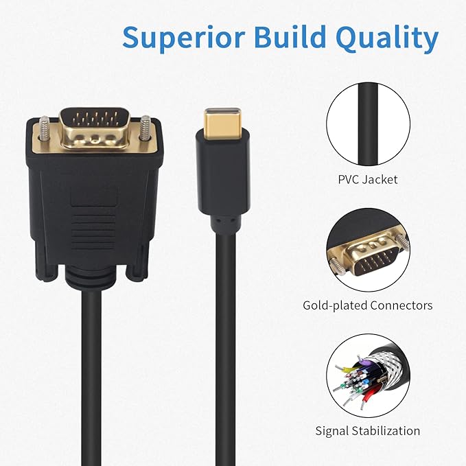Duttek USB C to VGA Adapter Cable 6FT/1.8M, USB Type-C to VGA Male to Male Converter Cable with Gold-Plated Port for Monitor, Phones, Laptops and HDTV (Not Support Thunderbolt Port)