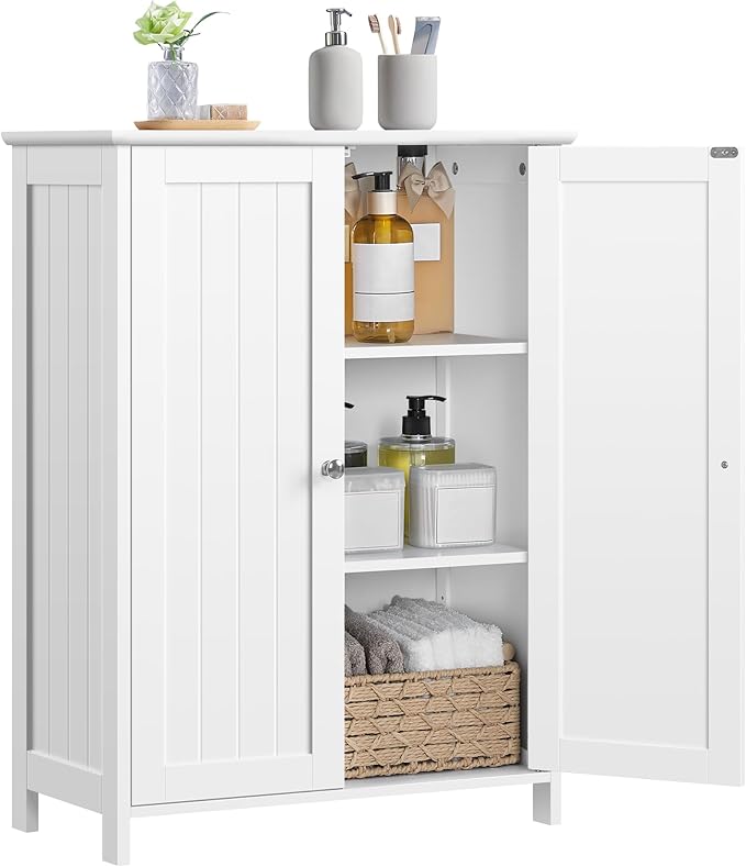 Yaheetech Bathroom Floor Cabinet, Modern Storage Freestanding Organizer Cabinet with Adjustable Shelves & Double Doors, 3-Tier Home Living Room Furniture, White