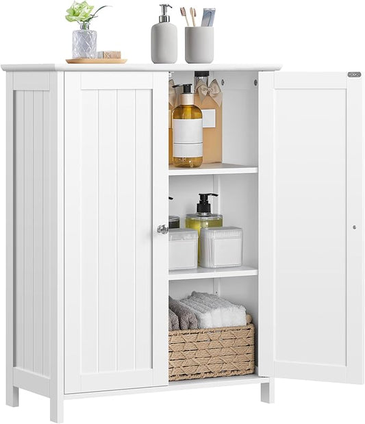 Yaheetech Bathroom Floor Cabinet, Modern Storage Freestanding Organizer Cabinet with Adjustable Shelves & Double Doors, 3-Tier Home Living Room Furniture, White