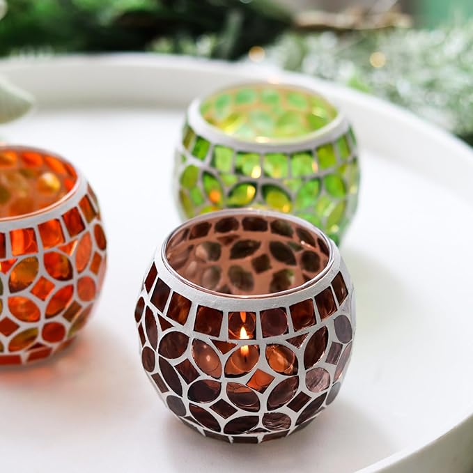 SHMILMH Mosaic Candle Holders Set of 4, Handmade Glass Tealight Votive Holders, Fall Thanksgiving Diwali Decor, Autumn Wedding Party Table Centerpiece, Brown Orange Green