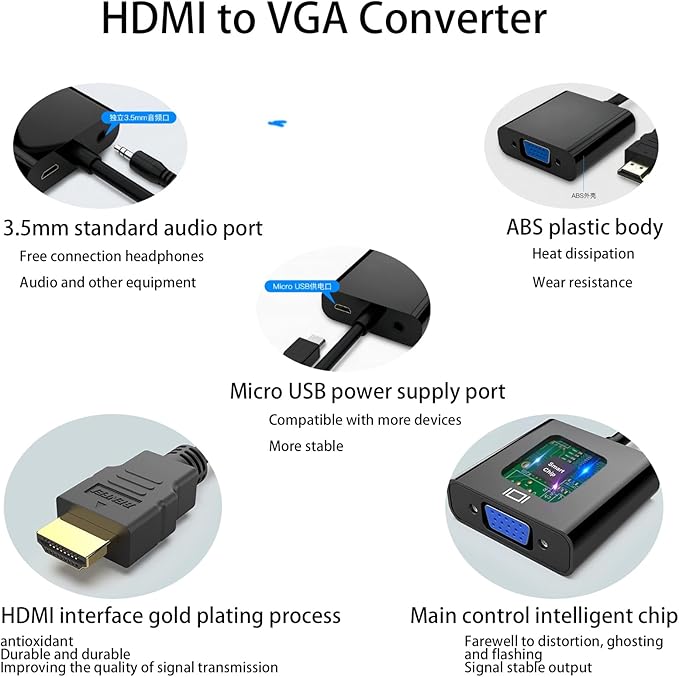 SZFUDIGO HDMI to VGA Adapter with 3.5mm Audio and Micro USB Power - Gold-Plated HDMI to VGA Adapter (Male to Female) Compatible for Desktop, Laptop, Monitor, Projector, HDTV, Xbox and More