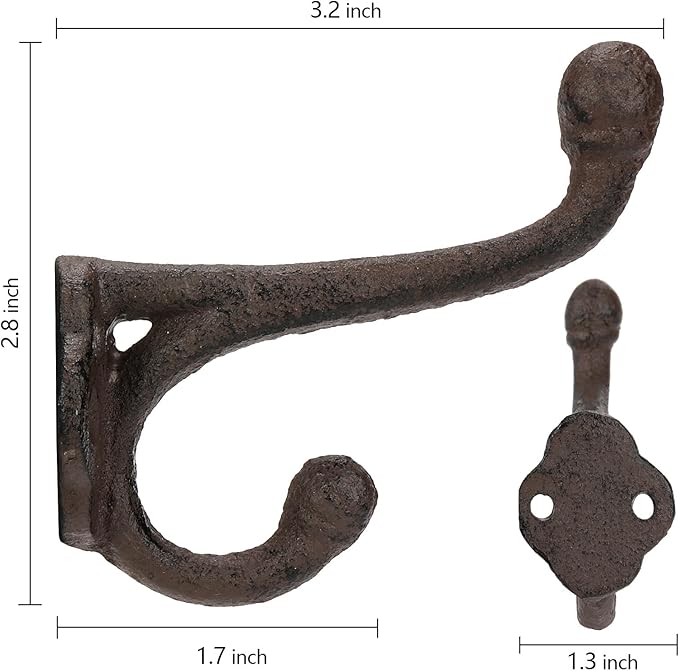 Peohud 10 Pack Cast Iron Coat Hooks, Rustic Wall Hooks, Wall Mounted Farmhouse Coat Hangers, Heavy Duty Double Hooks for Hanging Coats, Bags, Caps, Hats, Towels, Keys