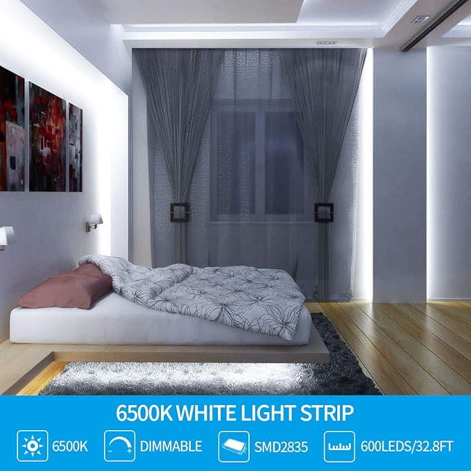Led Strip Lights 32.8ft White Dimmable Led Light Strip Flexible Rope Lights Kits with 12v Etl Power Supply, Adhesive Clips, Dimmer Switch and Connectors for Indoor Decor