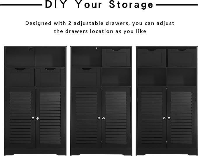 WEENFON Bathroom Storage Cabinet with 2 Drawers & 2 Shutter Doors, Floor Cabinet with Adjustable Shelf, for Living Room, Hallway, Home Office, Black