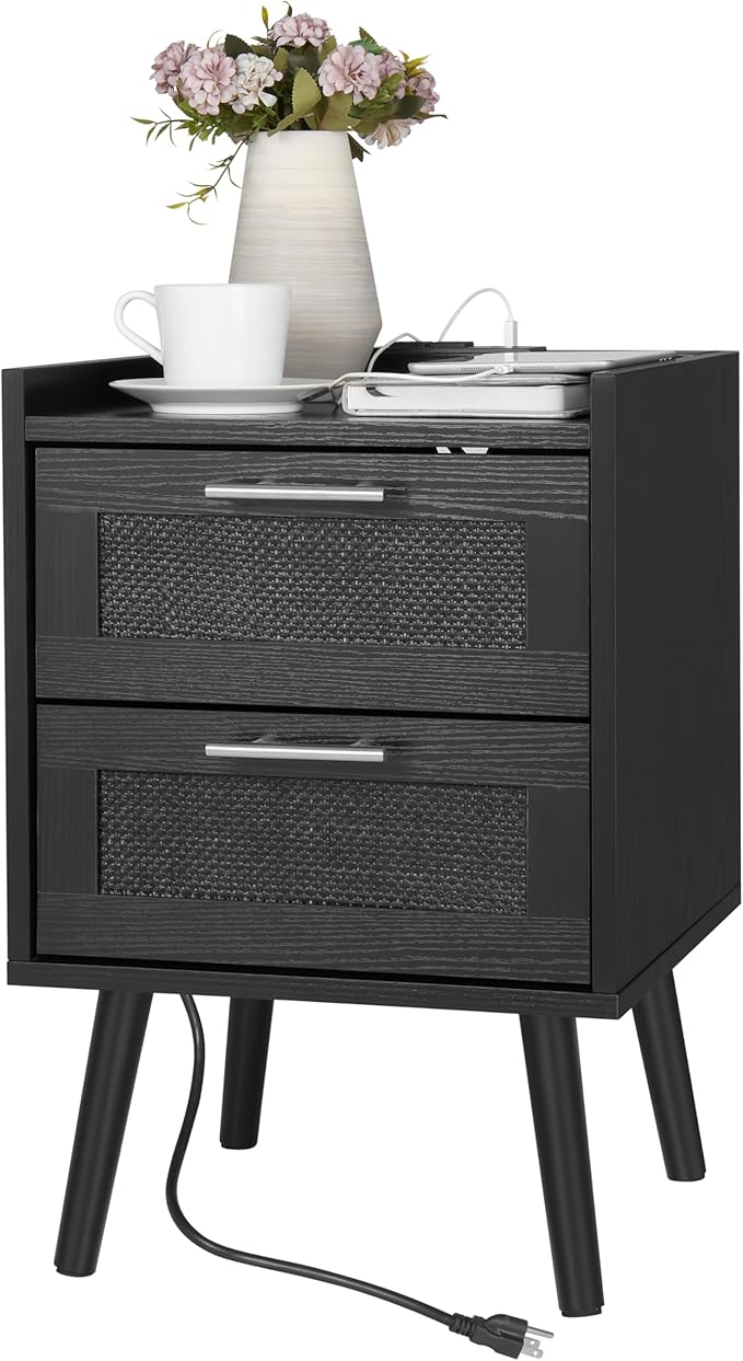 Finnhomy Nightstand with Charging Station, Bedside Table with 2 Hand Made Rattan Decorated Drawers, Night Stand with Storage for Bedroom, Full Black, Set of 2