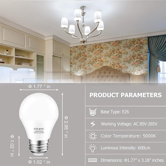 Cotanic 8 Pack Ceiling Fan Light Bulb 5000K Daylight, E26 Base A15 LED Bulb 60W Equivalent, 6W Small Light Bulb for Refrigertaor, Chandelier Light Bulbs, 600lm, Non-Dimmable