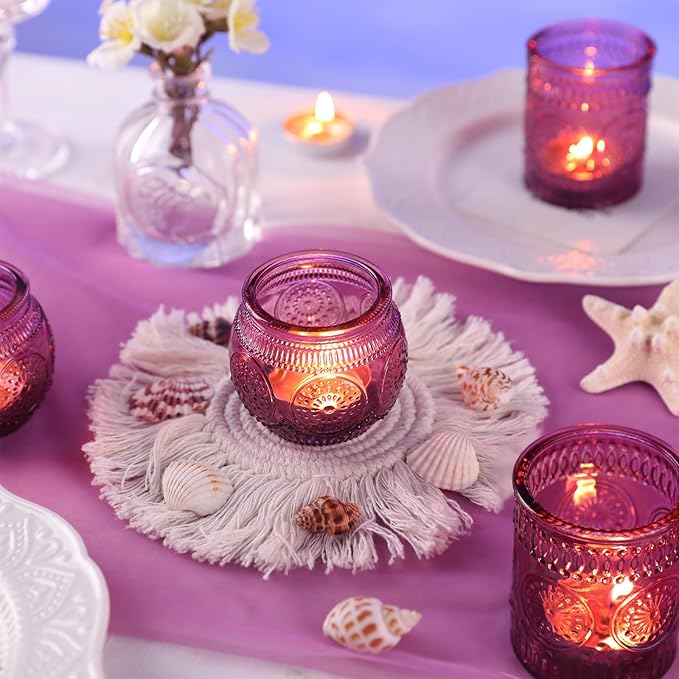 DARJEN 48Pcs Pueple Votive Candle Holders - Vintage Tea Lights Candle Holders, Glass Votives for Party, Wedding Table Centerpieces, Baby Shower Decor & Gift