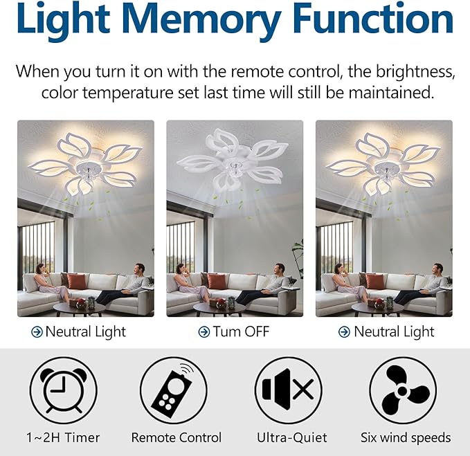 Ceiling Fan with Lights Remote Control, 26" White Low Profile Ceiling Fan with Light, Modern Leaf Geometric Flush Mount Ceiling Fan for Kitchen Bedroom