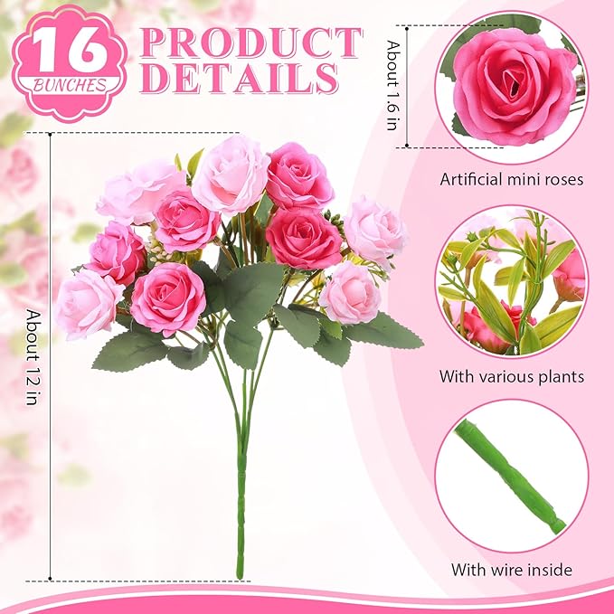 Zeyune 16 Bunches 12 Inch Artificial Mini Rose Bouquet 160 Heads Bridal Flower Bouquets Fake Silk Rose Bulk for Wedding Bridal Shower Christmas Home Office Garden Decoration(Hot Pink and Pink)