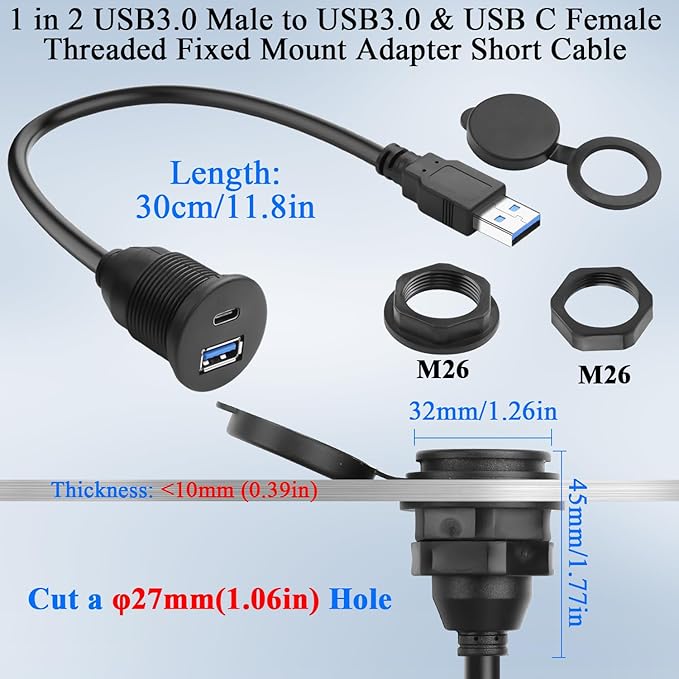 QIANRENON 2-in-1 USB3.0 to USB3.0 & USB C Threaded Fixed Adapter Short Cable 5GBps Type A Male to A + C Female Embedded Mount 1 to 2 Connector, 5V3A Charging, Mounted Car/RV Dashboard, 30cm/11.8in