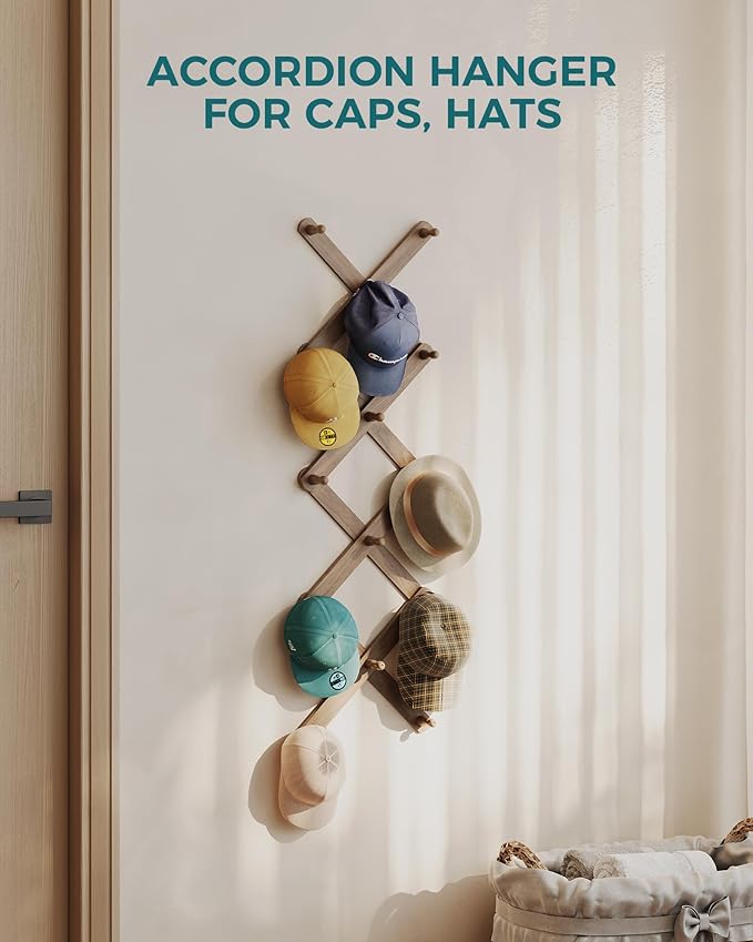 OROPY Wood Accordion Wall Hanger, Expandable Coat Rack Wall Mount with 14 Pegs, Expanding Hat Rack for Wall, X Shape, 27"×10", Walnut Color
