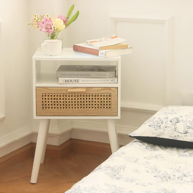MaxSmeo White Nightstand with Drawer, Mid Century Modern Nightstand, Rattan Side Table, End Table with Storage for Living Room, Bedroom and Small Spaces, Easy Assembly (White)