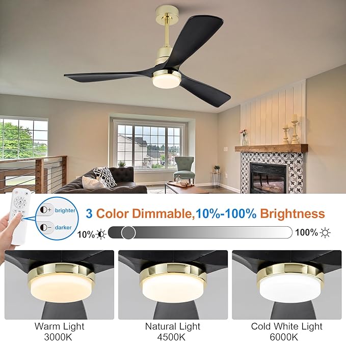 BOJUE 52 Inch Black and Gold Ceiling Fans with Lights and Remote, Solid Wood Fan Blades, Dimmable, Modern Ceiling Fan with Light for Indoor/Outdoor Patio Bedroom