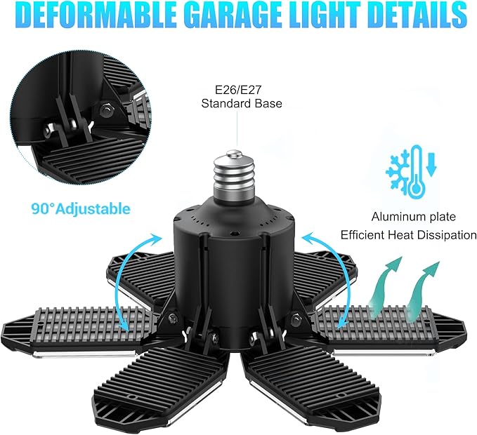 LED Garage Light Bulbs, 100W 6000K Garage Lights Ceiling Led with 6 Adjustable Panels, E26/E27 Screw in Shop Light for Attic Workshop Basement Barn - 4 Pack