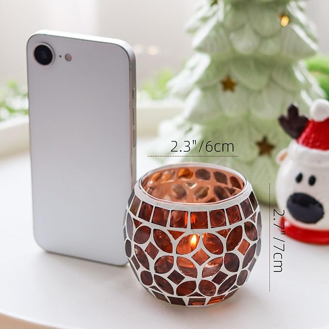 SHMILMH Mosaic Candle Holders Set of 4, Handmade Glass Tealight Votive Holders, Fall Thanksgiving Diwali Decor, Autumn Wedding Party Table Centerpiece, Brown Orange Green