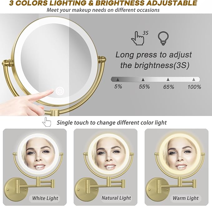 Matte Gold Wall Mounted Makeup Mirror with Lights and 10X Magnification, 8" Rechargeable 2-Sided 3-Colors, Touch Dimmable Extended Arm 360 Rotation, Foldable Vanity Cosmetic Shaving Mirror Bathroom