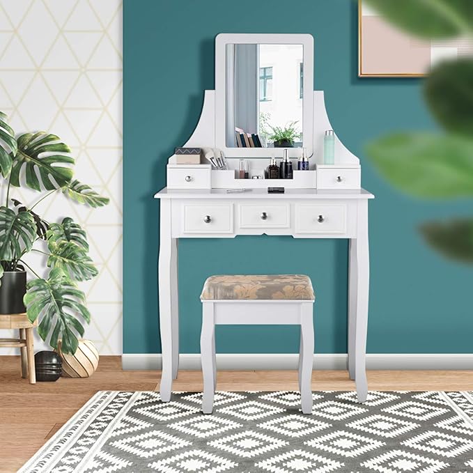 CHARMAID Makeup Vanity Set with Mirror and Cushioned Stool, Dressing Table with 5 Drawers and Removable Storage Organizers, Bedroom Makeup Table with Stool for Women Girls (White)